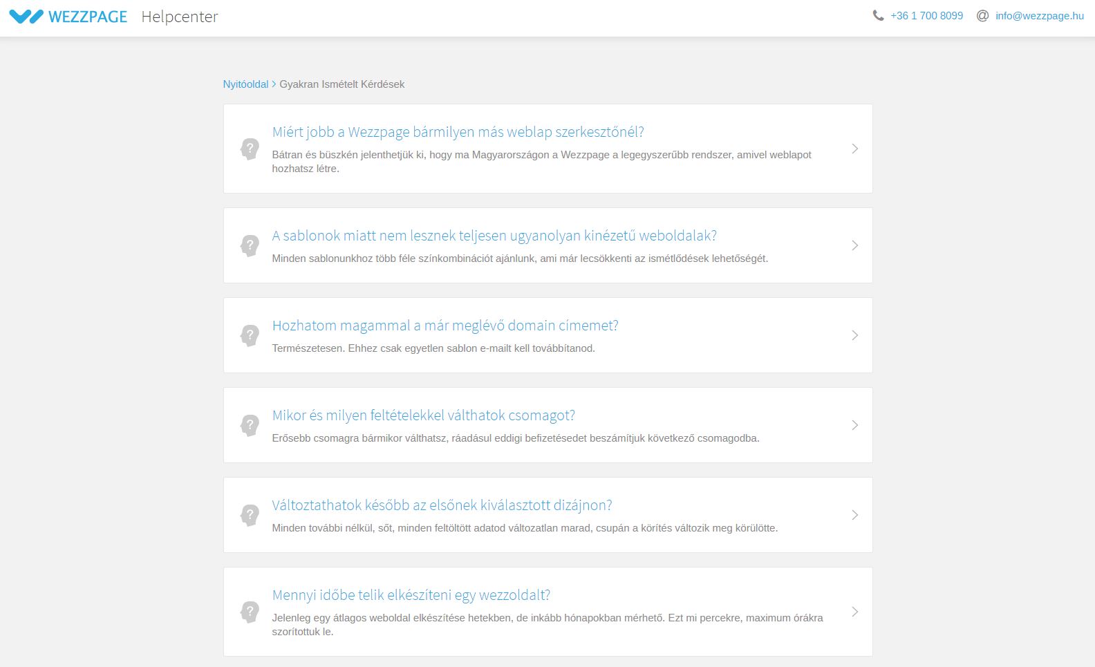 A Helpcenter GYIK menüpontjának képe a Wezzpage weboldalszerkesztő blogján