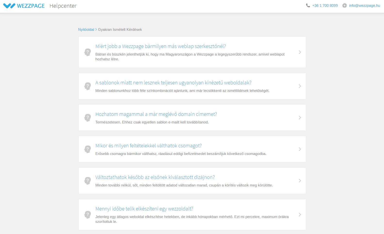 A Helpcenter GYIK menüpontjának képe a Wezzpage weboldalszerkesztő blogján