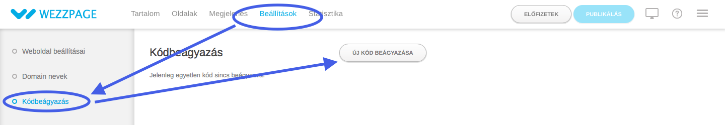 A Wezzpage weboldalszerkesztő Kódbeágyazás részének képe